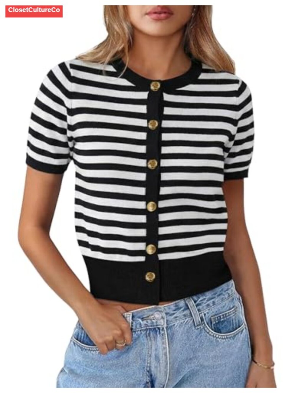 Womens Summer Short Sleeve Button Down Knit Crop Cardigan Crew Neck Top